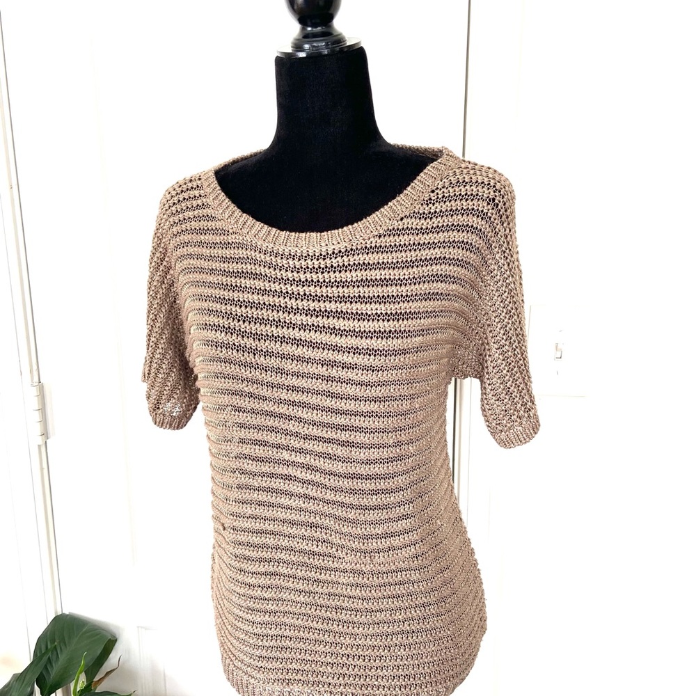 Lauren Ralph Lauren Top Blouse Size M Metallic Gold Ribbed Boat neck